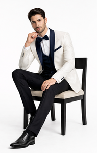 Statement White Metallic Flake Tuxedo – Navy 3-Piece Tailored-Fit