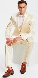 Men's Champagne Satin Slim Fit 3 Piece Tazzio Suit with Peak Lapel Jacket and Double Breasted Vest