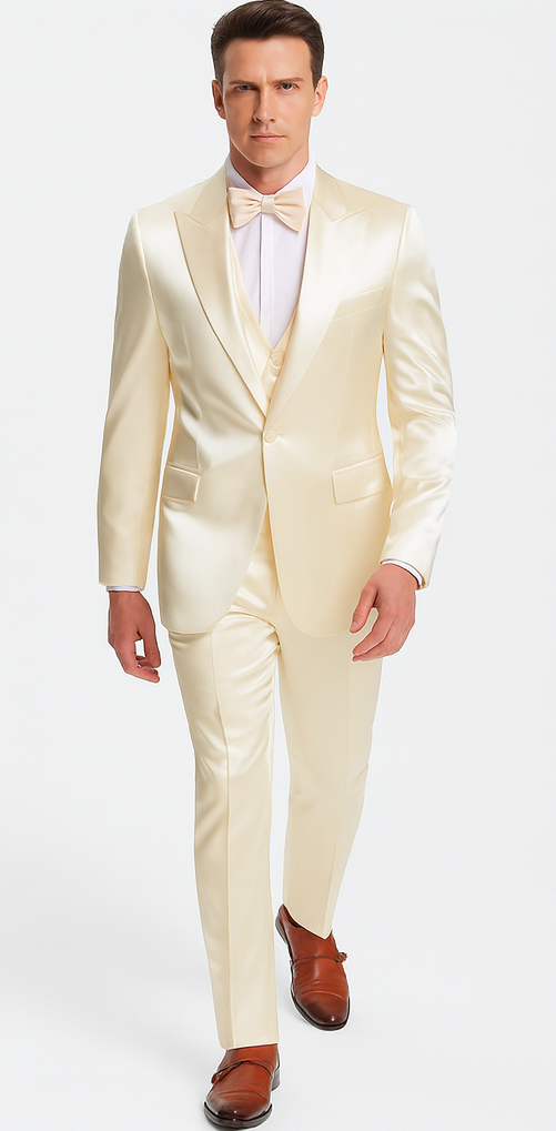 Men's Champagne Satin Slim Fit 3 Piece Tazzio Suit with Peak Lapel Jacket and Double Breasted Vest