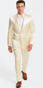 Men's Champagne Satin Slim Fit 3 Piece Tazzio Suit with Peak Lapel Jacket and Double Breasted Vest