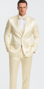 Men's Champagne Satin Slim Fit 3 Piece Tazzio Suit with Peak Lapel Jacket and Double Breasted Vest
