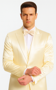 Men's Champagne Satin Slim Fit 3 Piece Tazzio Suit with Peak Lapel Jacket and Double Breasted Vest