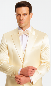 Men's Champagne Satin Slim Fit 3 Piece Tazzio Suit with Peak Lapel Jacket and Double Breasted Vest