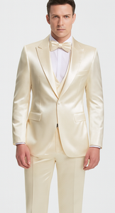 Men's Champagne Satin Slim Fit 3 Piece Tazzio Suit with Peak Lapel Jacket and Double Breasted Vest