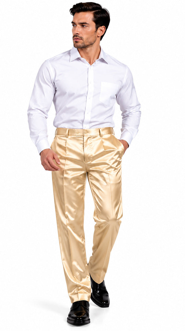 Mens Shiny Stretch Pants Solid Color Slim Fit Sateen Flashy Metallic Slacks in Color "Champagne"