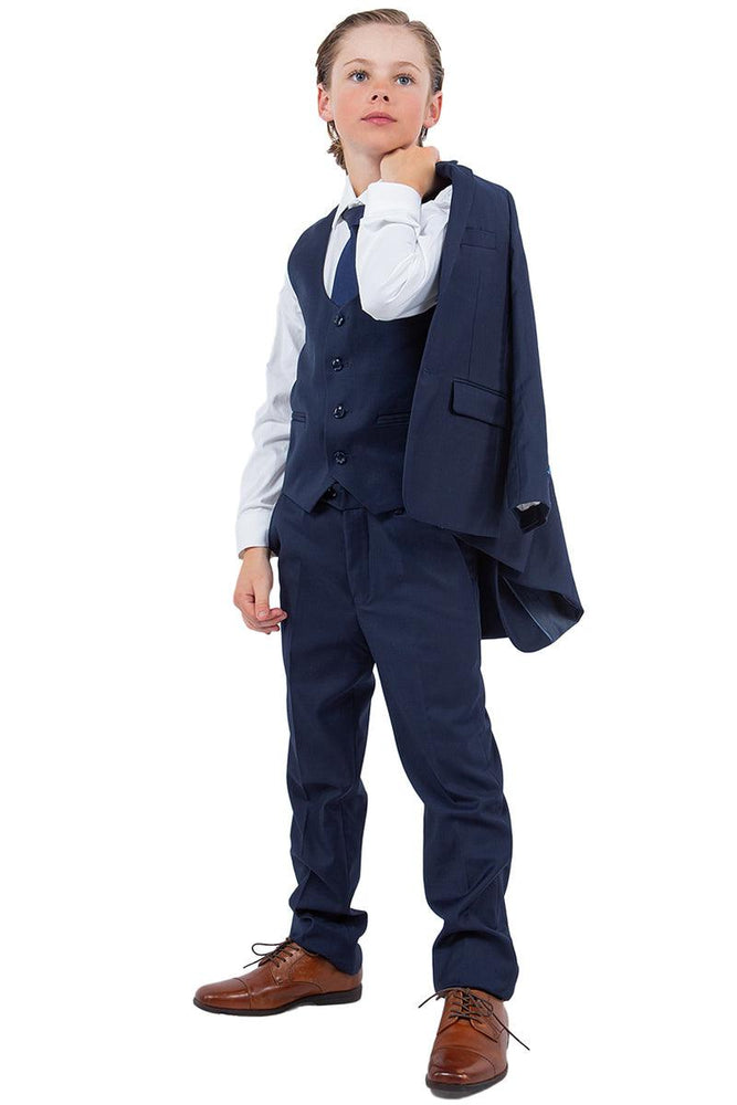 "Chic Navy Blue Vested Boy's Wedding Suit by Perry Ellis" - USA Men's Outlet