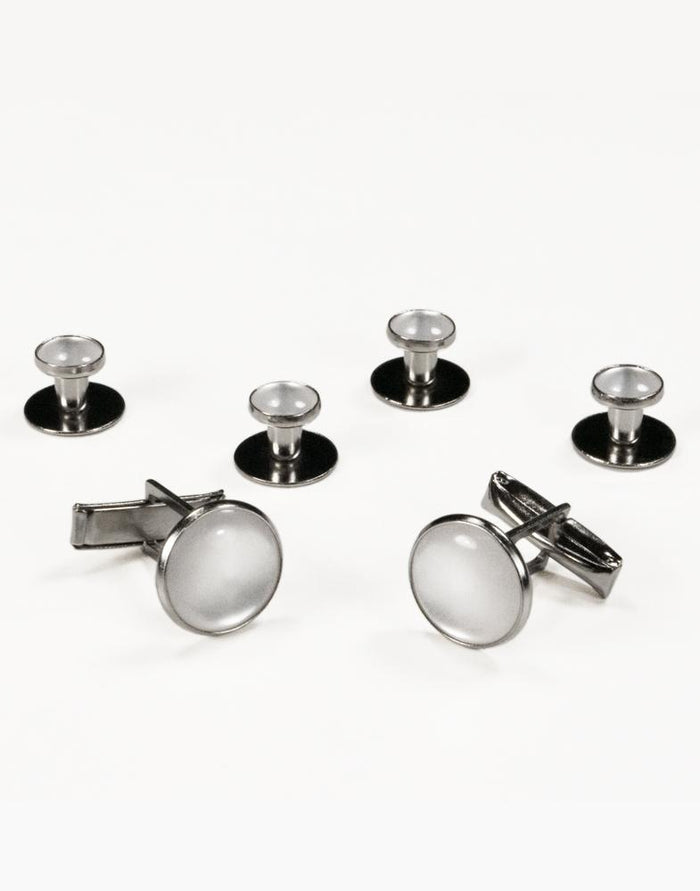 Basic White with Silver Trim Studs and Cufflinks Set