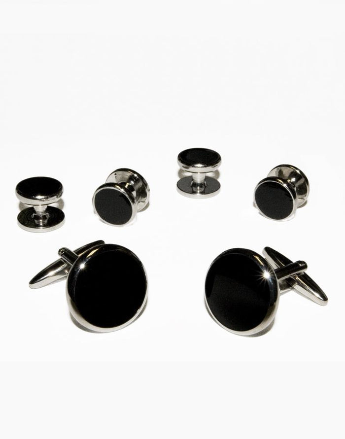 Black Circular Enamel in Silver Setting Studs & Cufflinks Set