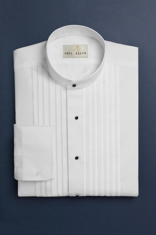 "Manny" White Pleated Mandarin Tuxedo Shirt