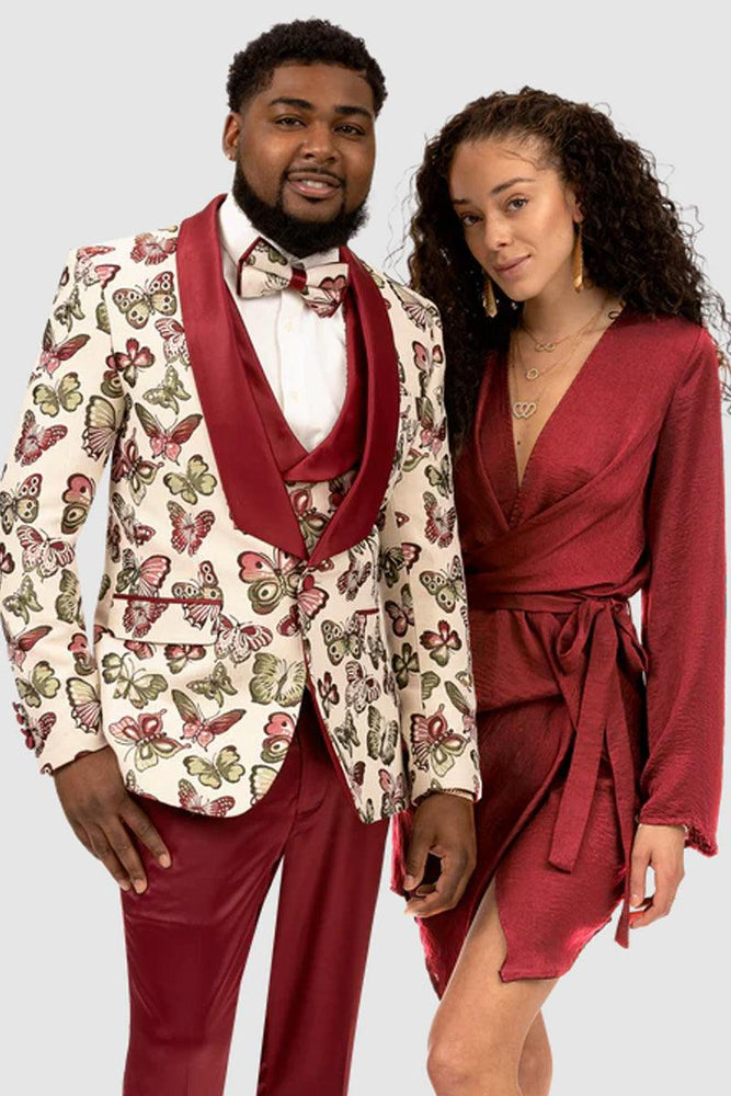 Classic EJ Samuel Beige & Burgundy Butterfly Vested Tuxedo Wedding Menswear - USA Men's Outlet