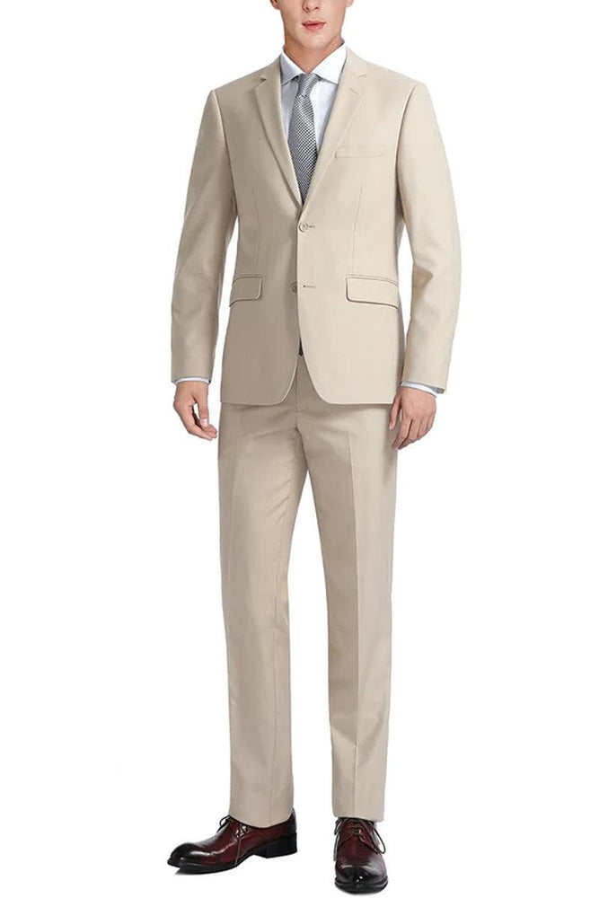 Classic Light Tan Beige Two Button Suit w/Optional Vest | 46R 46L | By Renoir - USA Men's Outlet