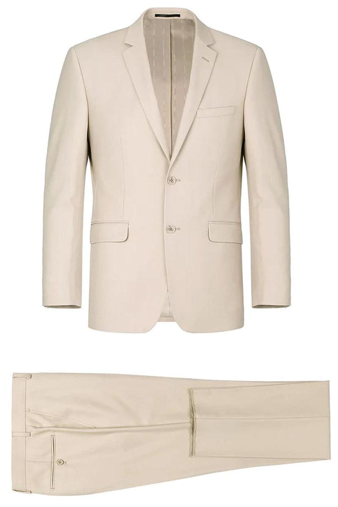 Classic Light Tan Beige Two Button Suit w/Optional Vest | 46R 46L | By Renoir - USA Men's Outlet