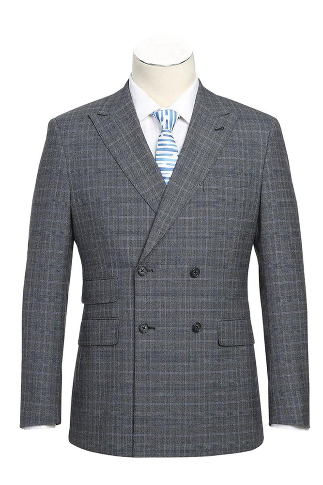 Classic Men's English Laundry Light Grey Windowpane Plaid Slim Fit Double Breasted Suit - USA Men's Outlet