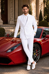 Mens Double Breasted Summer Seersucker Suit in White Pinstripe