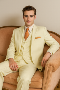 Mens Classic Fit Three Button Vested Pleated Pant Suit in Ivory