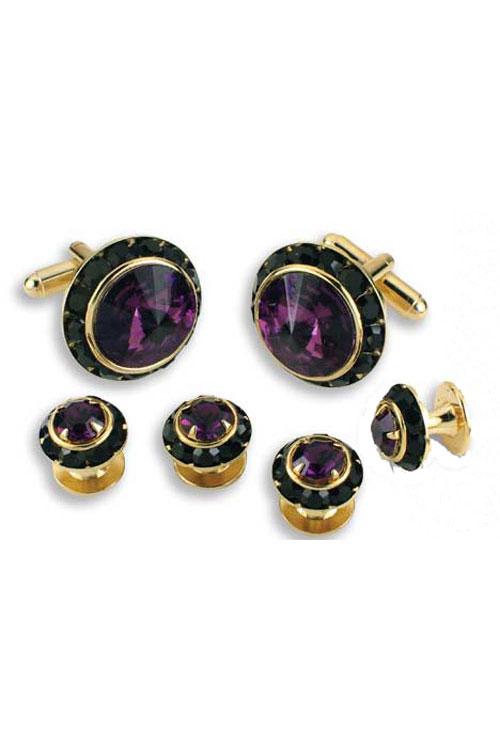 Amethyst Crystal Black Rhinestones Border Studs and Cufflinks Set