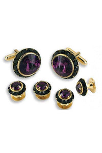 Amethyst Crystal Black Rhinestones Border Studs and Cufflinks Set