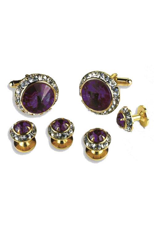 Amethyst Crystal Rhinestones Border Studs and Cufflinks Set