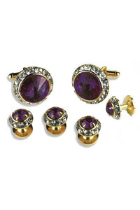 Amethyst Crystal Rhinestones Border Studs and Cufflinks Set