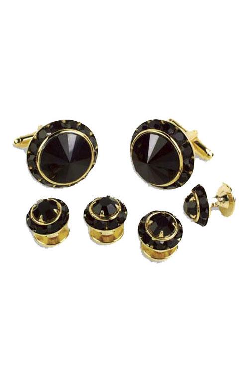 Black Crystal Black Rhinestones Border Studs and Cufflinks Set