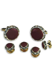 Burgundy Enamel Rhinestones Border Studs and Cufflinks Set