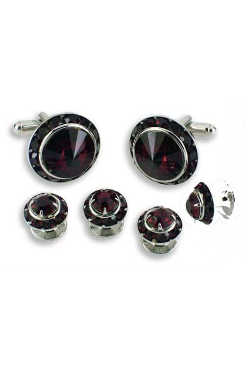 Dark Ruby Crystal Rhinestones Border Studs and Cufflinks Set
