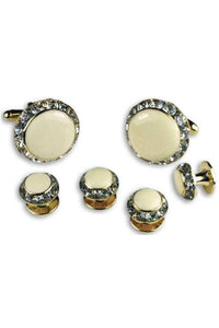 Ivory Enamel Rhinestones Border Studs and Cufflinks Set