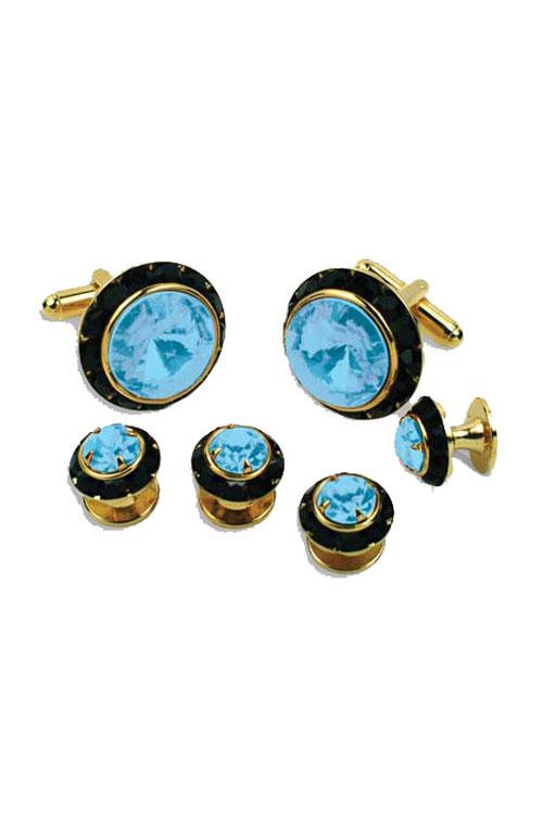 Light Blue Crystal Black Rhinestones Border Studs and Cufflinks Set