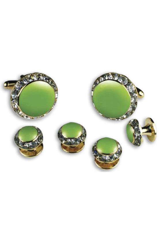 Lime Enamel Rhinestones Border Studs and Cufflinks Set