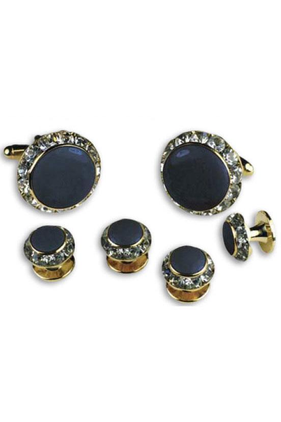 Navy Enamel Rhinestones Border Studs and Cufflinks Set