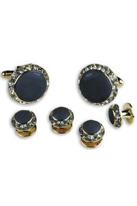 Navy Enamel Rhinestones Border Studs and Cufflinks Set