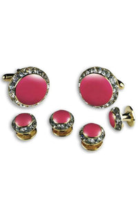 Pink Enamel Rhinestones Border Studs and Cufflinks Set