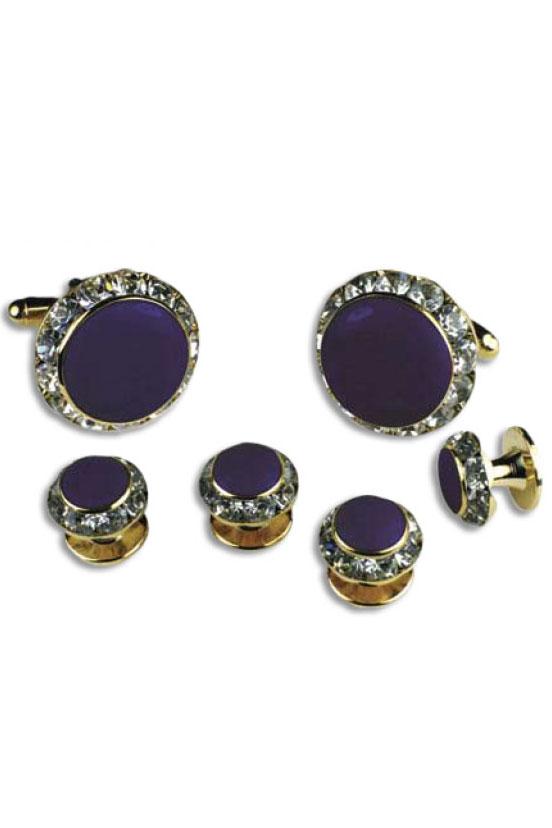 Purple Enamel Rhinestones Border Studs and Cufflinks Set