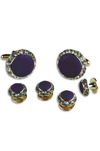 Purple Enamel Rhinestones Border Studs and Cufflinks Set