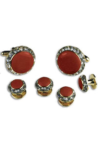 Red Enamel Rhinestones Border Studs and Cufflinks Set