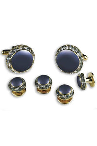 Royal Blue Enamel Rhinestones Border Studs and Cufflinks Set