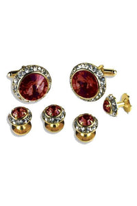 Ruby Crystal Rhinestones Border Studs and Cufflinks Set