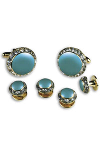 Teal Enamel Rhinestones Border Studs and Cufflinks Set