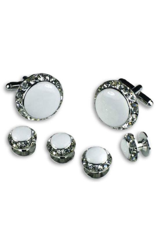 White Enamel Rhinestones Border Studs and Cufflinks Set