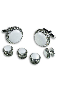 White Enamel Rhinestones Border Studs and Cufflinks Set