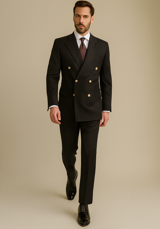 Double Breasted Blazer with Gold Buttons - Black Sport Coat