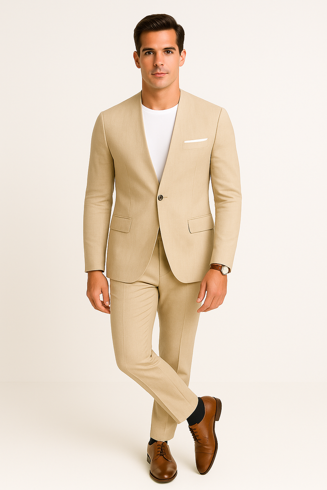Tan Linen Suit For Summer - Collarless Blazer and Pants Collarless Lapel - No Lapel Casual!