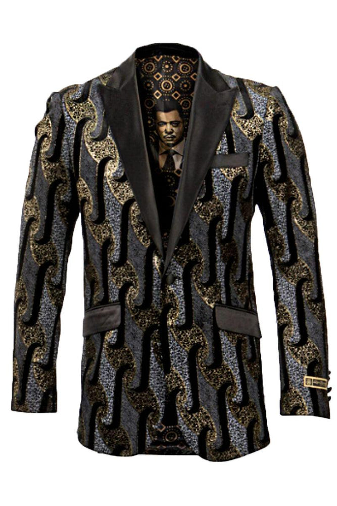 Collection 

"Empire Collection Men's Shimmery Foil Tuxedo Jacket - Black, Silver & Gold" - USA Men's Outlet