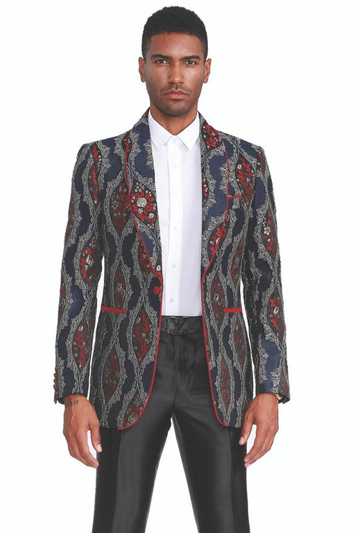 Collection 

Empire Men's Navy Brocade Jacket with Red Piping|Formal|Paisley - USA Men's Outlet