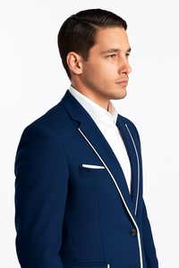 confident pose in men's dark blue slim fit blazer with white trim