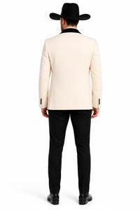 Mens Western Tuxedo Suit – Cream Cowboy Blazer with Black Velvet Vest and Satin Shawl Lapel