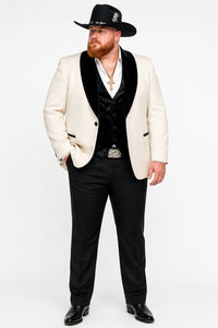Mens Western Tuxedo Suit – Cream Cowboy Blazer with Black Velvet Vest and Satin Shawl Lapel