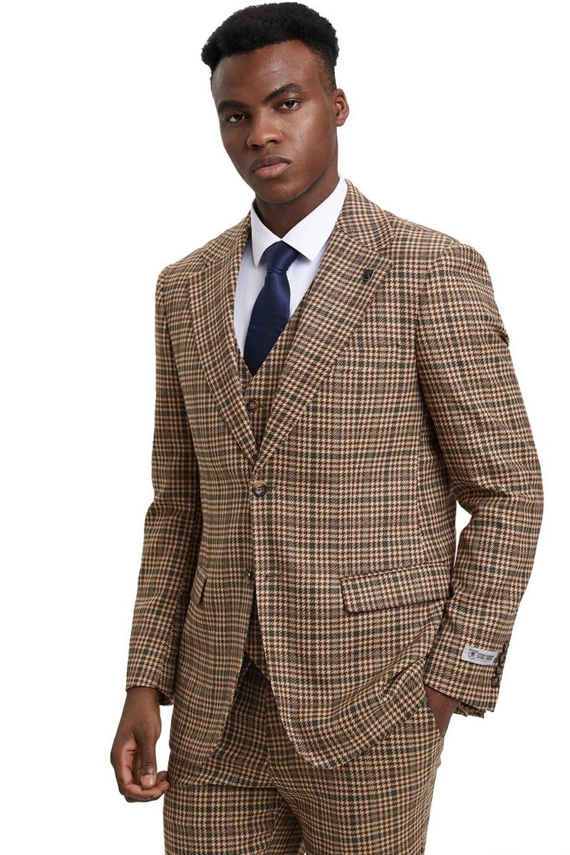 Men's Designer Modern Fit Vested Wool Suit in Taupe Glen Plaid