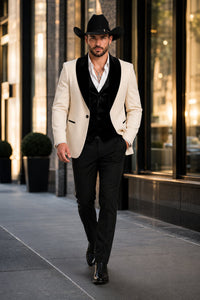 Mens Western Tuxedo Suit – Cream Cowboy Blazer with Black Velvet Vest and Satin Shawl Lapel