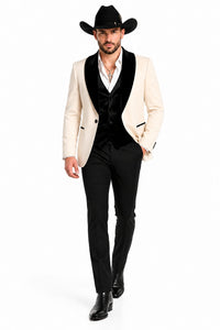Mens Western Tuxedo Suit – Cream Cowboy Blazer with Black Velvet Vest and Satin Shawl Lapel